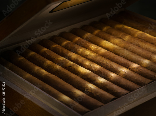 Canvastavla close up view of box of  cuban hand made cigars in wooden humidor