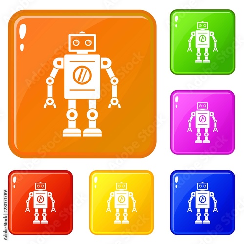 Retro robot icons set collection vector 6 color isolated on white background