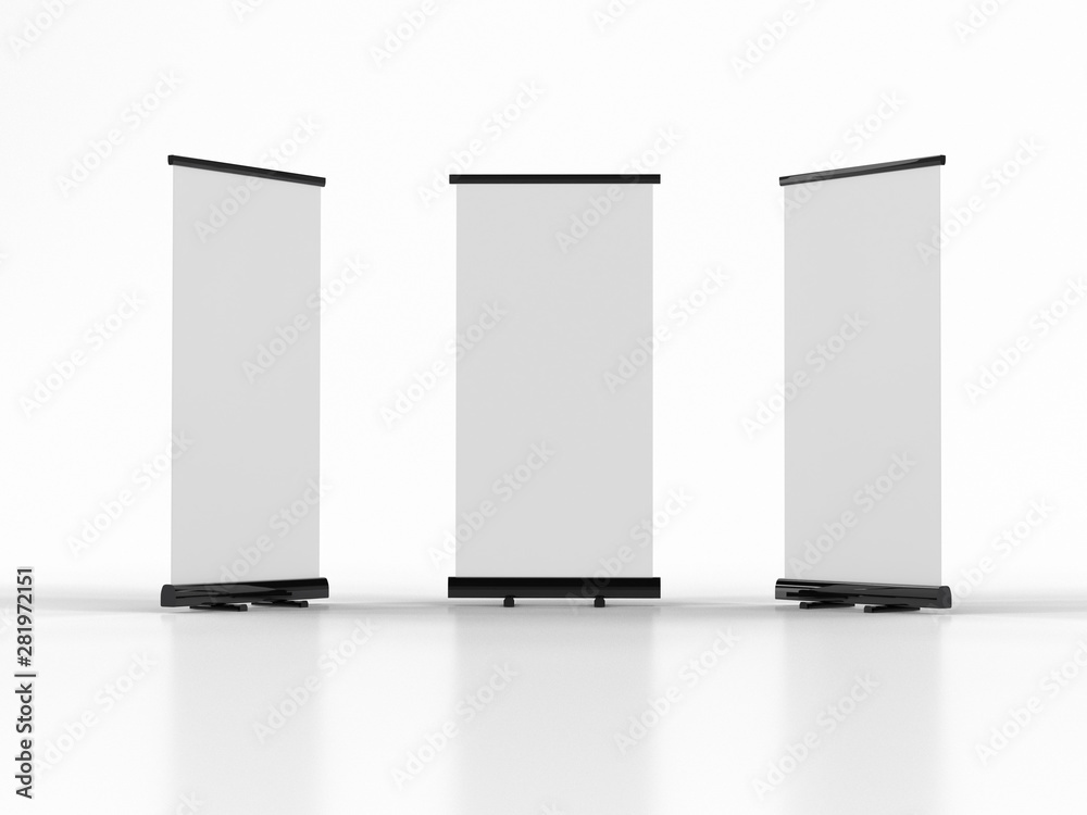 3D rendering of blank vertical rollup (empty billboard advertisement) isolated on white background. Empty mockup template 3D rendering of blank vertical rollup (empty billboard advertisement) isolated on white background. Empty mockup template