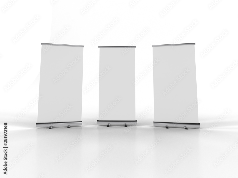 3D rendering of blank vertical rollup (empty billboard advertisement) isolated on white background. Empty mockup template 3D rendering of blank vertical rollup (empty billboard advertisement) isolated on white background. Empty mockup template