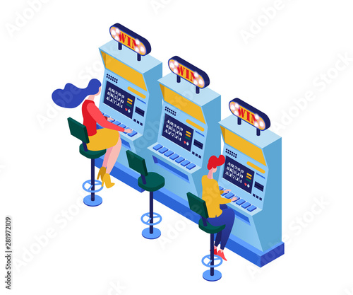 Slot machines playing isometric vector illustration. Gamblers playing one arm bandit, winning jackpot 3d characters. Gambling business, modern addictive entertainment industry isolated color clipart