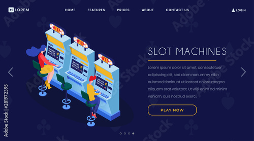 Casino slot machines isometric landing page. Gamblers playing one arm bandit, lucky seven 3d color characters. Gambling, modern addictive entertainment, leisure and pastime website homepage