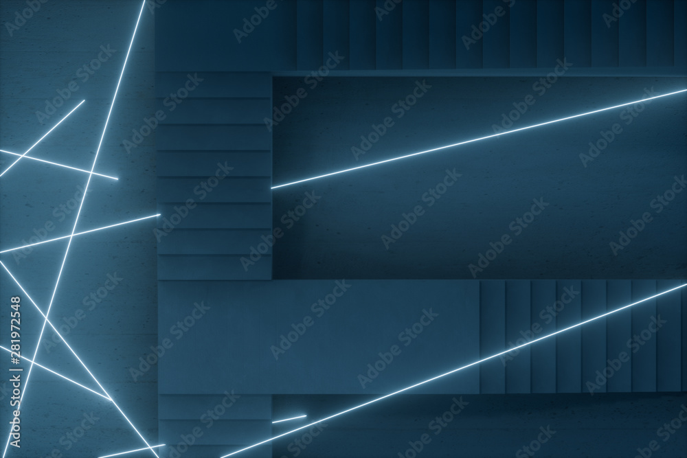 The stairway in the dark basement with glowing lines, 3d rendering. The stairway in the dark basement with glowing lines, 3d rendering.