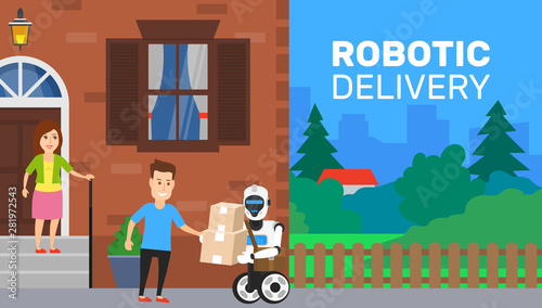man and woman near their house door and robot courier with cardboard box parcel .artificial intelligence automatic delivery technology