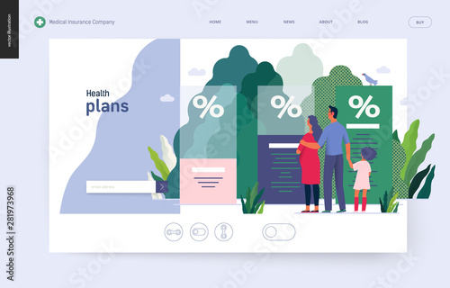 Health plans - medical insurance template -modern flat vector concept digital illustration - a young family expecting a baby with a kid choosing a health insurance plan