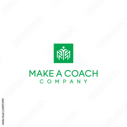 square logo with letter m and people symbol concept