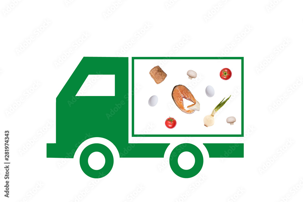Fototapeta premium Concept. Online delivery food and product. Service of fast shipping delivery. Green truck (car) with fish and vegetables on the white background.