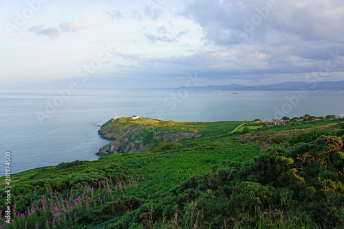 Canvas Print View of green heather fields, the Baily Lighthouse and the Irish Sea seen from t