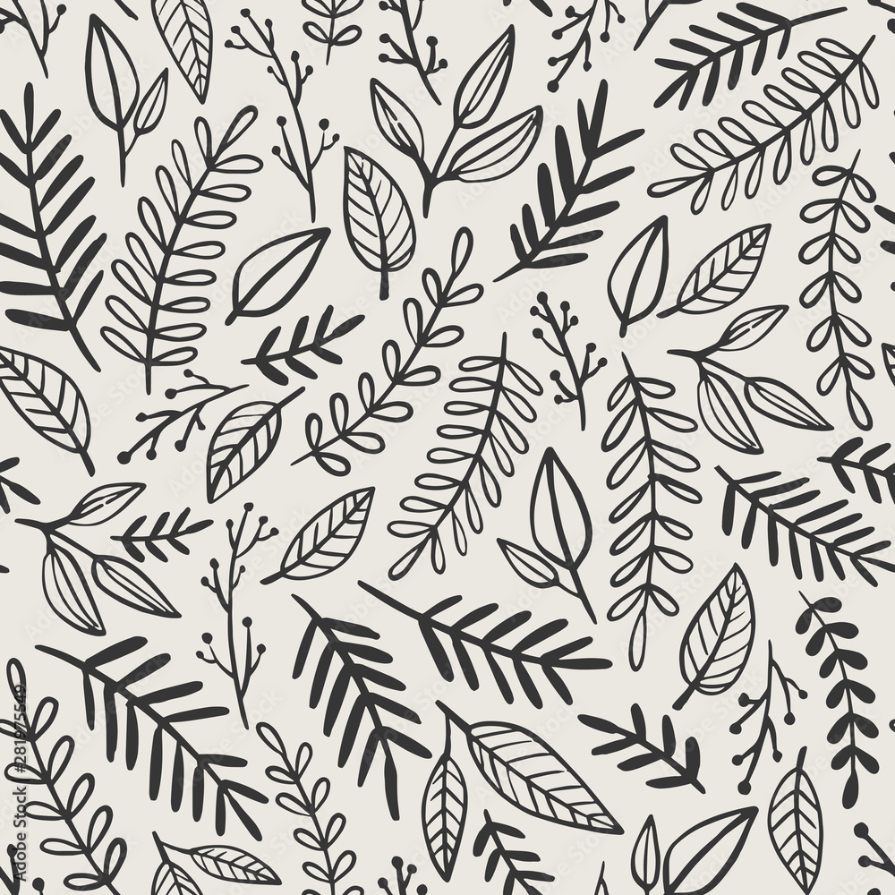 Hand drawn plants, branches, leaves seamless pattern. Vintage romantic vector background. 