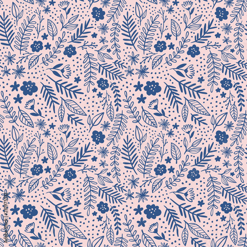 Romantic floral vector pattern. Hand drawn modern graphic flowers and leaves seamless background. 