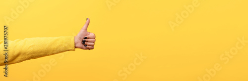 Canvas-taulu thumb up, like sign  over trend yellow background, panoramic image