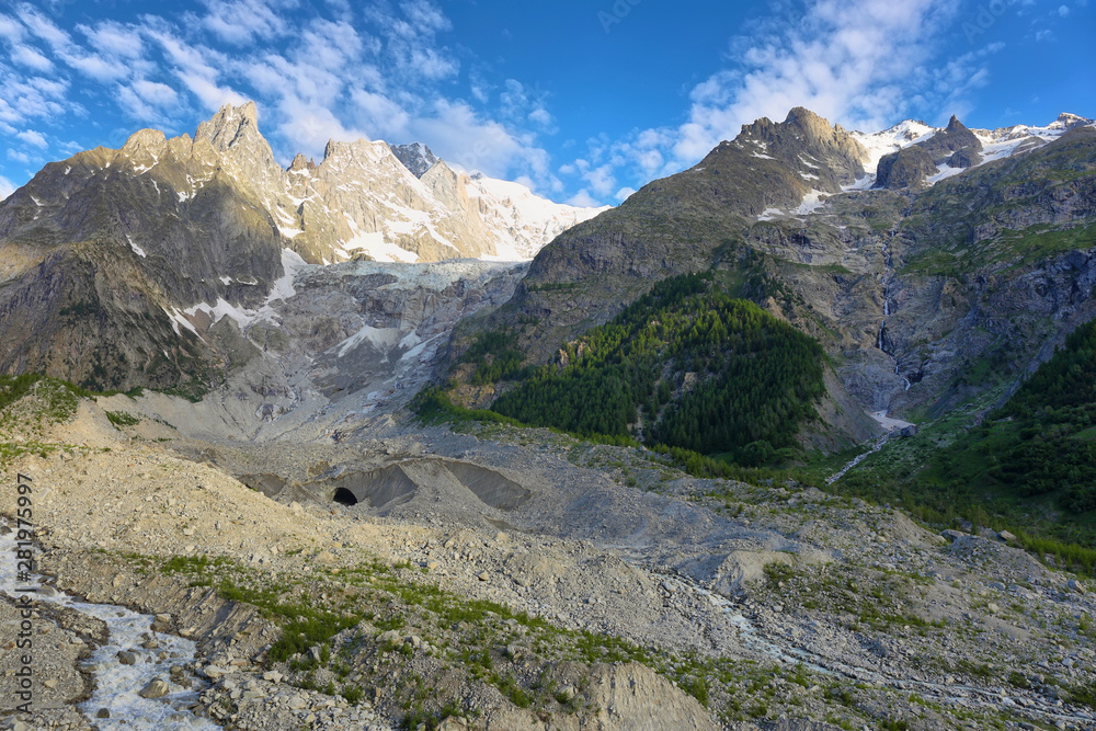Brenva glacier and Aiguille noire de peuterey in Val Veny, Aosta valley, Italy