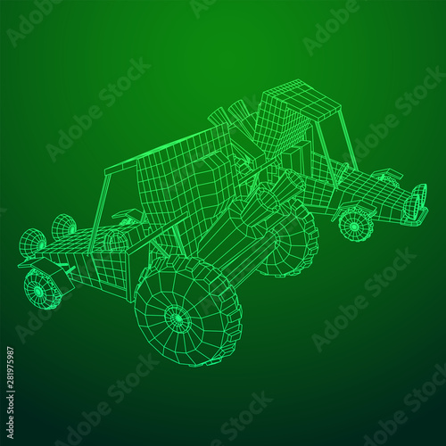 Off road dune buggy car. Terrain vehicle. Outdoor car racing, extreme sport concept. Wireframe low poly mesh vector illustration