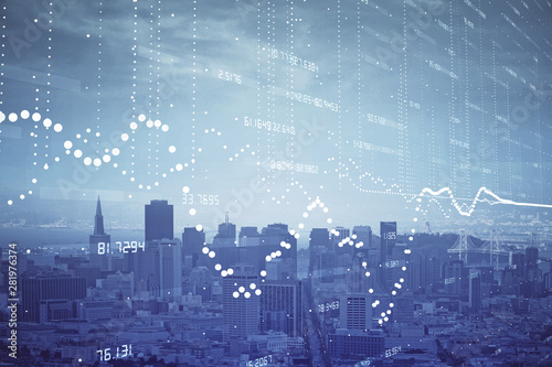 Data theme hologram drawing on city view with skyscrapers background double exposure. Technology concept.