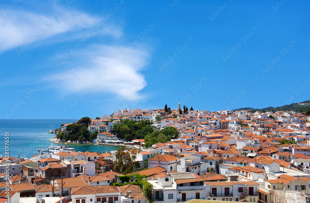 Panoramic view of old town on Skiathos Island, Northen Sporades, Greece
