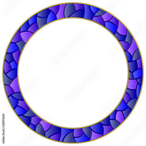 Illustration in stained glass style with bright round frame, blue frame isolated on white background