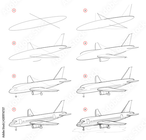 Creation step by step pencil drawing. Page shows how to learn draw sketch of modern passenger aircraft. School textbook for developing artistic skills. Hand-drawn vector image.
