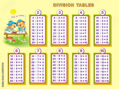 Division tables for little children. Educational page for mathematics baby book. Back to school. Printable worksheet for kids textbook. Vector cartoon image.