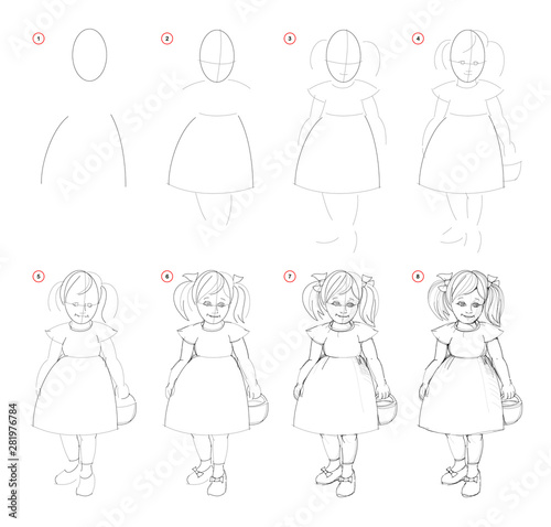 Creation step by step pencil drawing. Page shows how to learn draw sketch of imaginary cute little girl. School textbook for developing artistic skills. Hand-drawn vector image.
