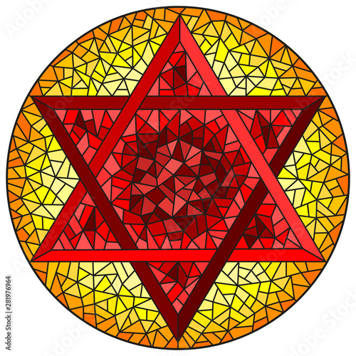 Illustration in stained glass style six-pointed star of David, red  star on a yellow background, round image