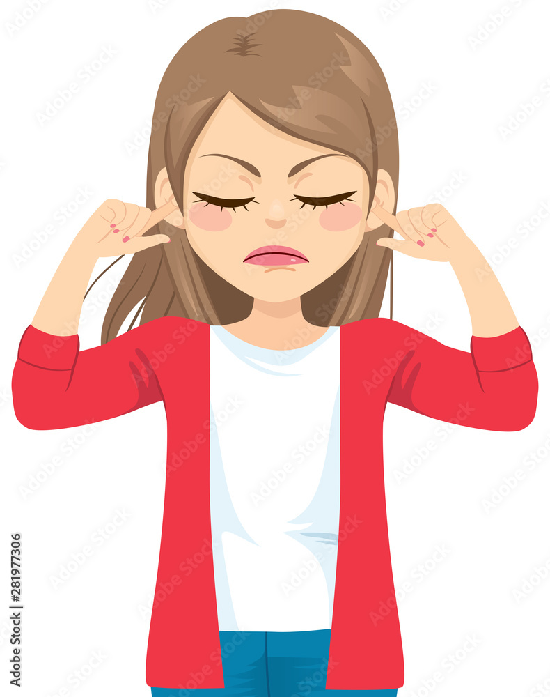 Young angry woman covering ears plugs with fingers serious face expression Young angry woman covering ears plugs with fingers serious face expression