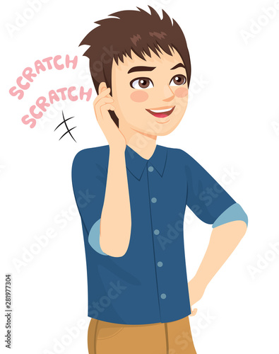 Young man scratching head making forgetful face expression