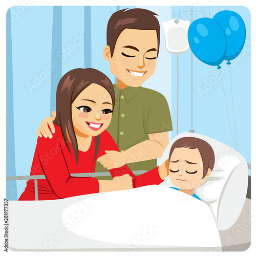 Young parents visiting ill son at hospital taking care of hospitalized kid resting in bed