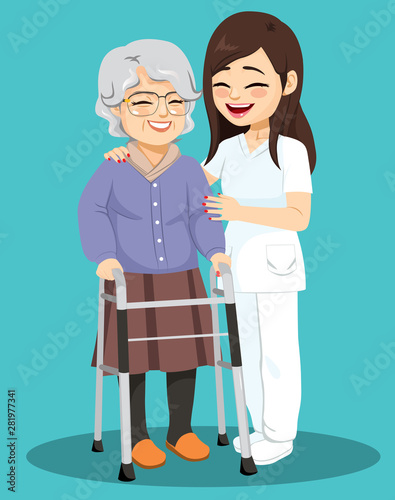 Cheerful senior woman walking with walker and assisted by female nurse help concept