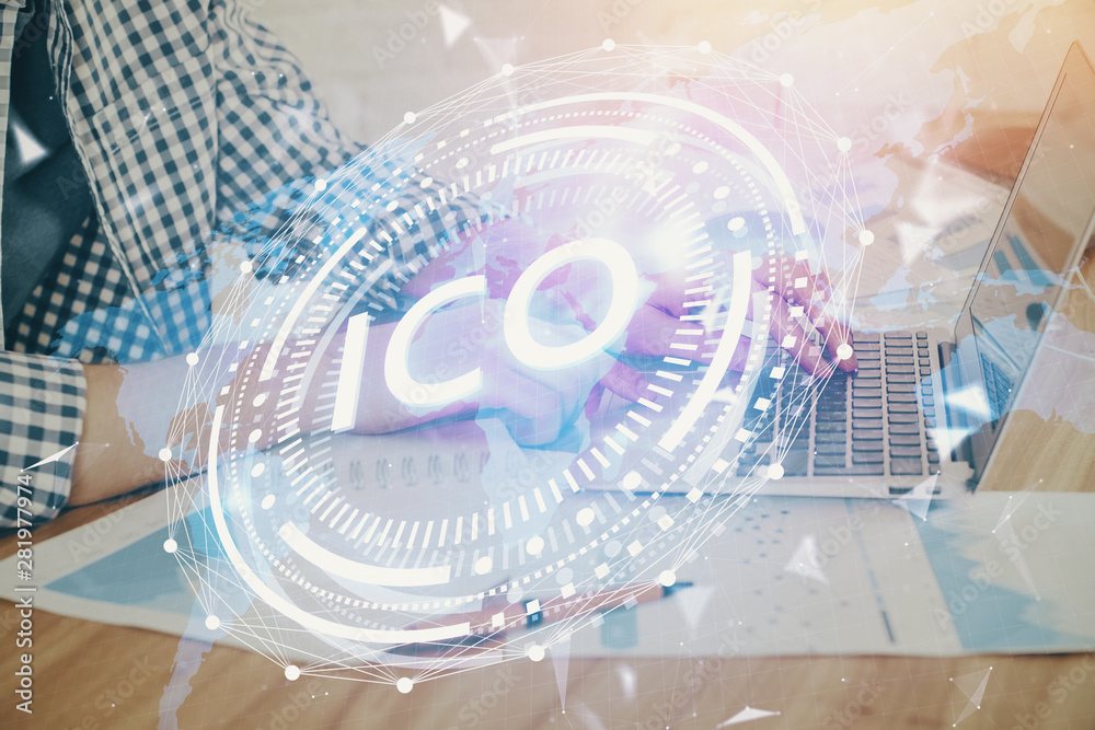 Blockchain theme hud with man working on computer on background. Concept of crypto chain. Double exposure. Blockchain theme hud with man working on computer on background. Concept of crypto chain. Double exposure.