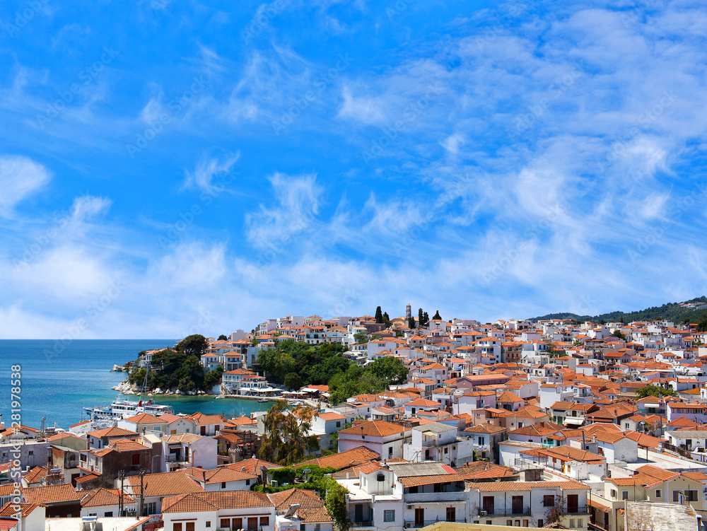 Panoramic view of old town on Skiathos Island, Northen Sporades, Greece