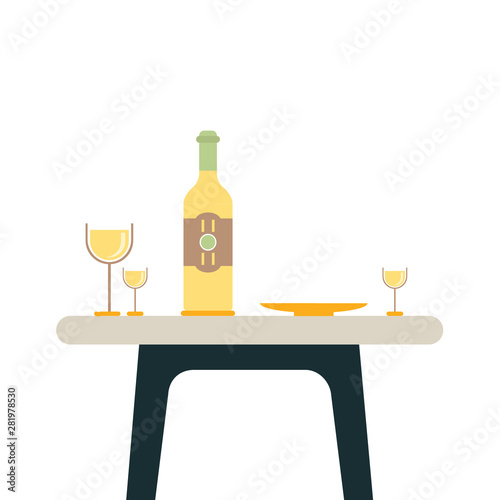 Vector illustration of a bottle and glass of red wine on the table