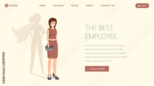Best employee flat landing page vector template. Super specialist, worker, manager victory website, webpage. Businesswoman leadership, confident professional with superhero shadow cartoon character