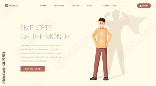 Super employee landing page vector template. Best worker of month, excellent professional website, webpage. Businessman victory, office manager with superhero shadow cartoon character