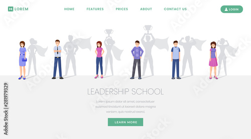 Leadership school landing page vector template. Training, seminars for leaders development website, webpage. Motivated people, man and woman with superhero shadow cartoon characters