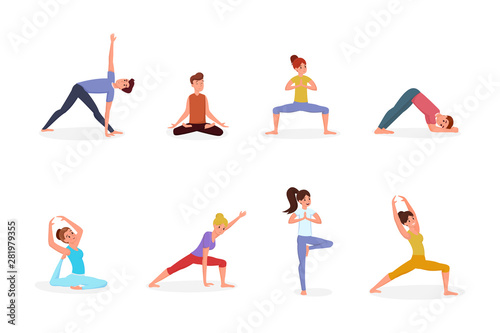 People doing yoga vector illustration set. People in yoga postures, men and women holding asana and exercising cartoon characters. Gymnastics, sports training, meditation isolated on white background