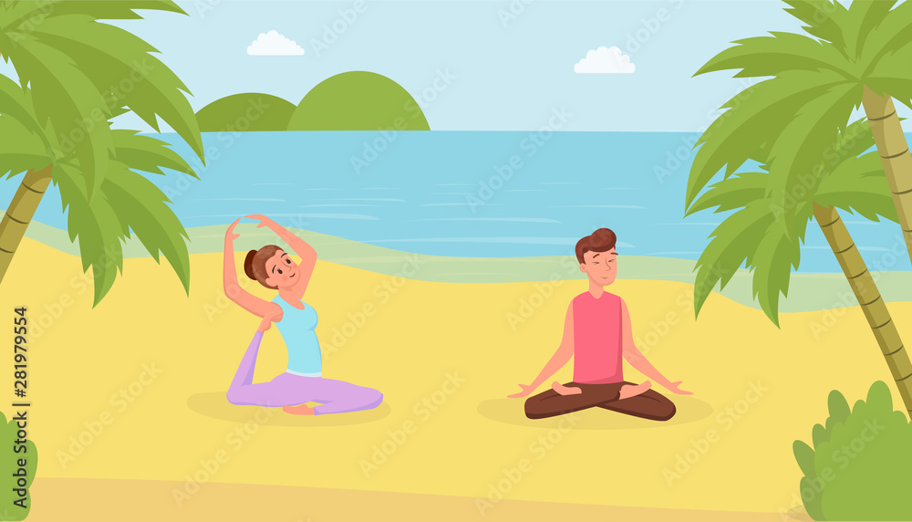 Yoga exercises flat vector illustration. Man and woman doing yoga on beach, meditating guy and girl in triangle pose cartoon characters. Satisfied wife and husband relaxing on vacation