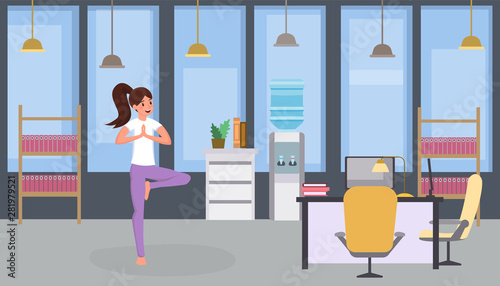 Girl doing yoga flat vector illustration. Woman practicing yoga, relaxed office worker exercising, stretching during working hours cartoon character. Keeping fit, relaxing, training body at job