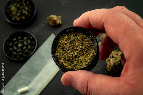 Preparing a joint and drug paraphernalia concept theme with man using a herb girder to grind a cannabis bud and roll marijuana joints, next to rolling paper and weed buds isolated on dark background