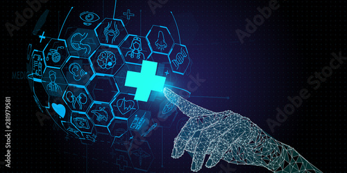 Low polygon Doctor hands with stethoscope and FUi icon medical in hospital with medical technology network concept.