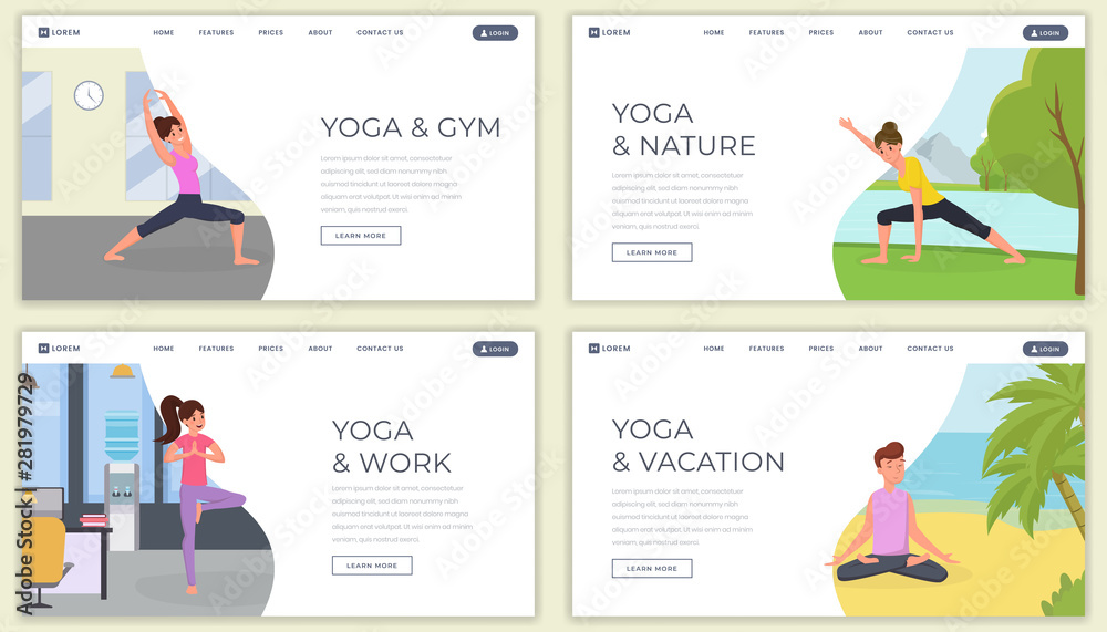 Yoga flat landing page vector template set. Yoga classes on nature website, webpage. Man and woman training on beach, yogi concentrating and stretching, meditating people cartoon character