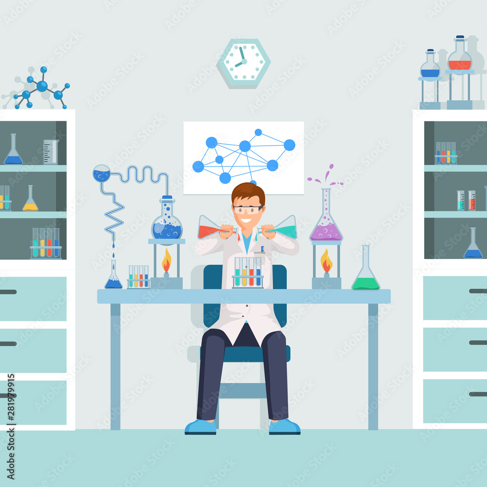 Lab worker doing test vector illustration. Male chemist, researcher mixing liquids in test tubes cartoon character. Scientist, pharmacologist creating experimental substance, medication in laboratory Lab worker doing test vector illustration. Male chemist, researcher mixing liquids in test tubes cartoon character. Scientist, pharmacologist creating experimental substance, medication in laboratory