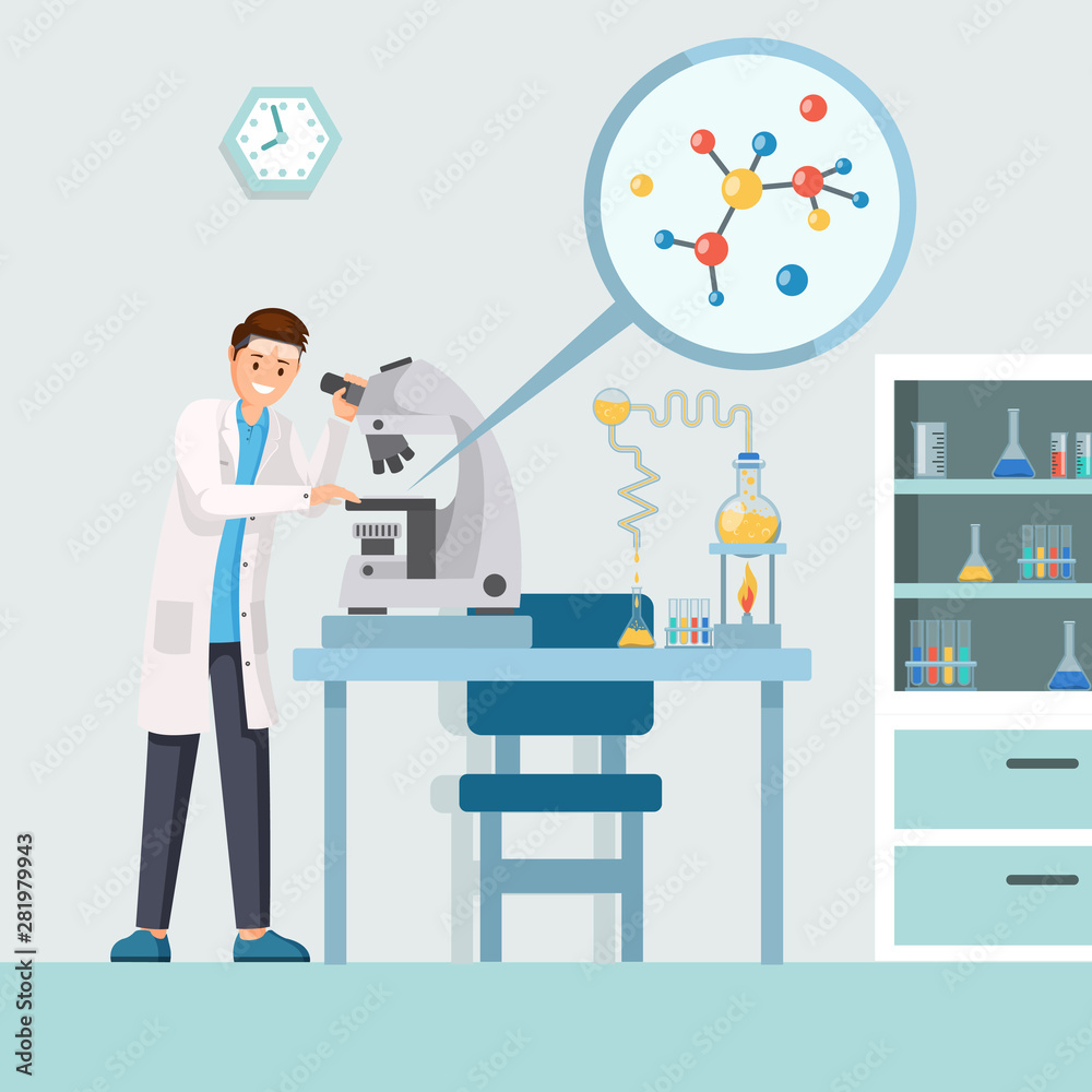 Researcher with microscope vector illustration. Cartoon male scientist studying test results, molecule structure in microscope. Pharmacologist analyzing bacteria, virus structure using lab equipment Researcher with microscope vector illustration. Cartoon male scientist studying test results, molecule structure in microscope. Pharmacologist analyzing bacteria, virus structure using lab equipment