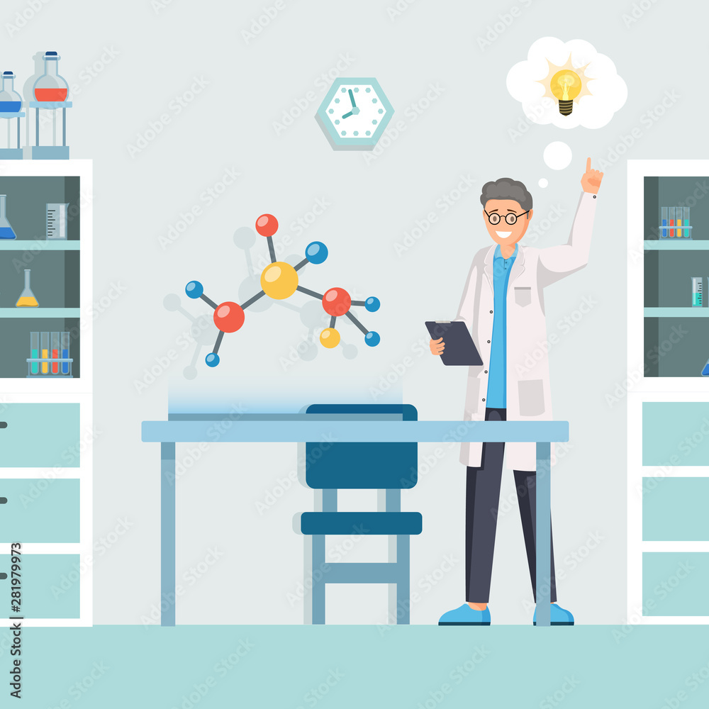 Researcher having idea vector illustration. Cartoon scientist, creative chemist modeling innovative chemical formula. Lab worker planning scientific experiment, new medication discovery Researcher having idea vector illustration. Cartoon scientist, creative chemist modeling innovative chemical formula. Lab worker planning scientific experiment, new medication discovery