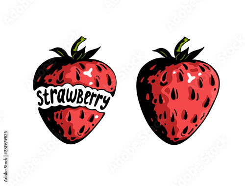 Graphic two red strawberries on white background with inscription strawberry inside.  Beautiful illustration for food design.