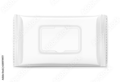 Packaging for wet wipes isolated on white background. Frond view. Realistic vector illustration. Can be use for your design, promo, adv and etc. EPS10.	