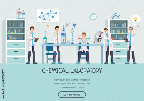 Chemical laboratory workers landing page template. Research group doing tests, studying liquids, substances cartoon characters. Creative scientists with innovative ideas website page design layout