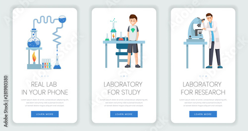 Research laboratory mobile webpage templates set. Modern technologies for doing experiments, teaching chemistry at school. Scientific discoveries, medical breakthrough mobile app website page design
