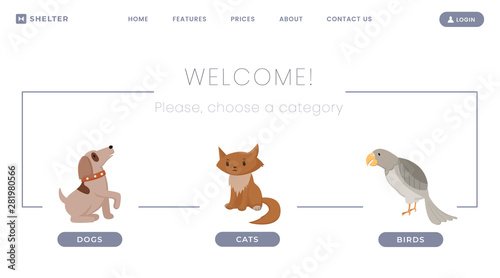 Animals shelter vector landing page template. Lost pets, homeless dogs and cats adoption center. Abandoned kitties, puppies, exotic birds, parrots stories, description website page design color layout