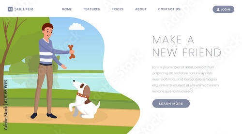 Dog shelter vector landing page template. Pet owner, volunteer playing with cute puppy outdoors cartoon character. Kennel, lost, abandoned animals adoption center website page design layout