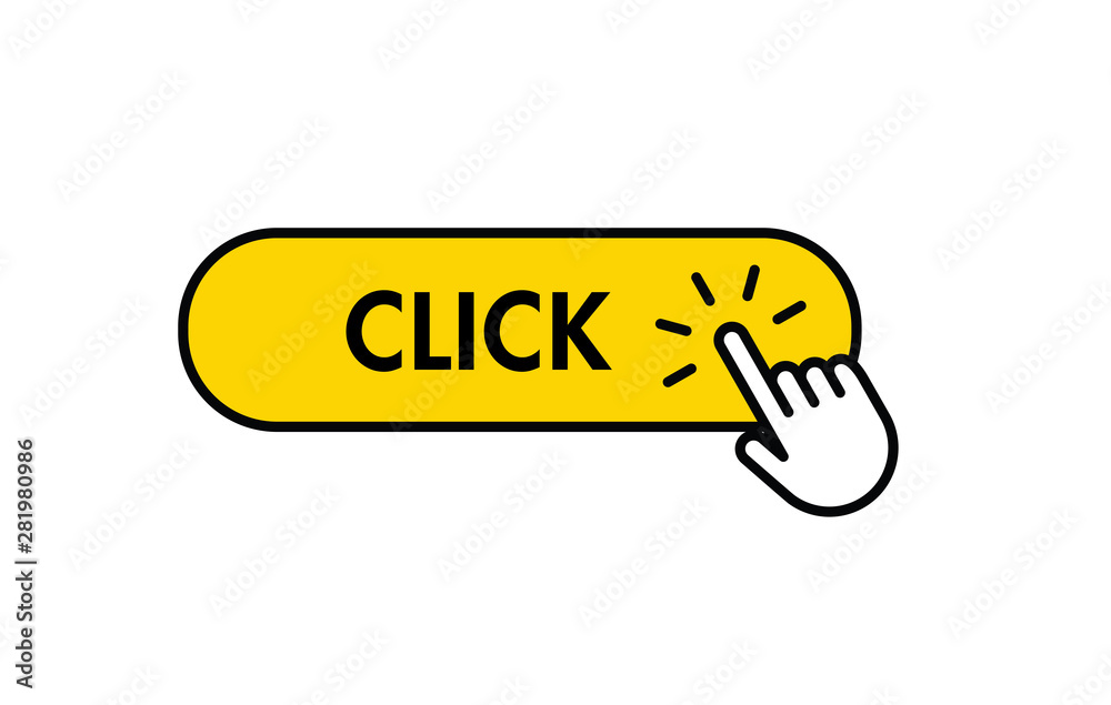 Click here button with hand clicking icon Click here button with hand clicking icon